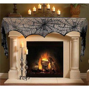 Halloween Decoration Black Lace Spiderweb Fireplace Mantle Scarf (18 x 96 inch)